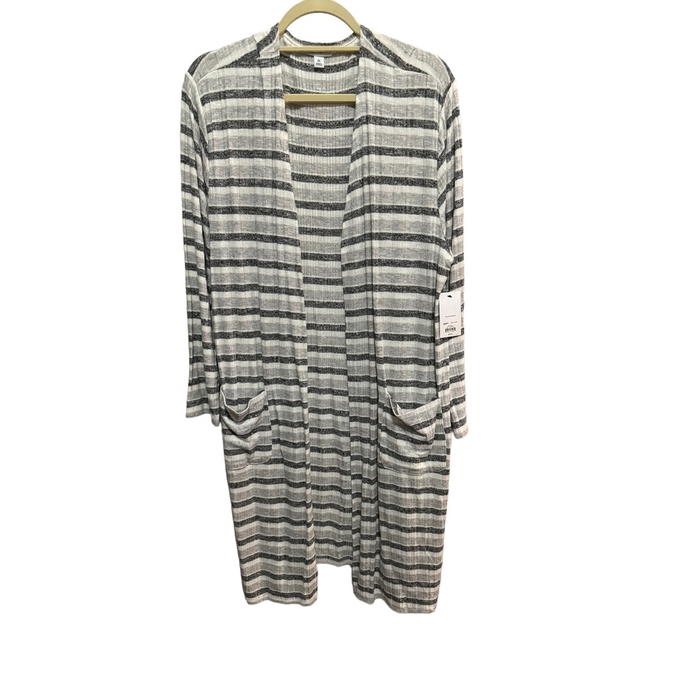 Nine West - Long Striped Open Front Cardigan  - Shades of Gray / White NWT